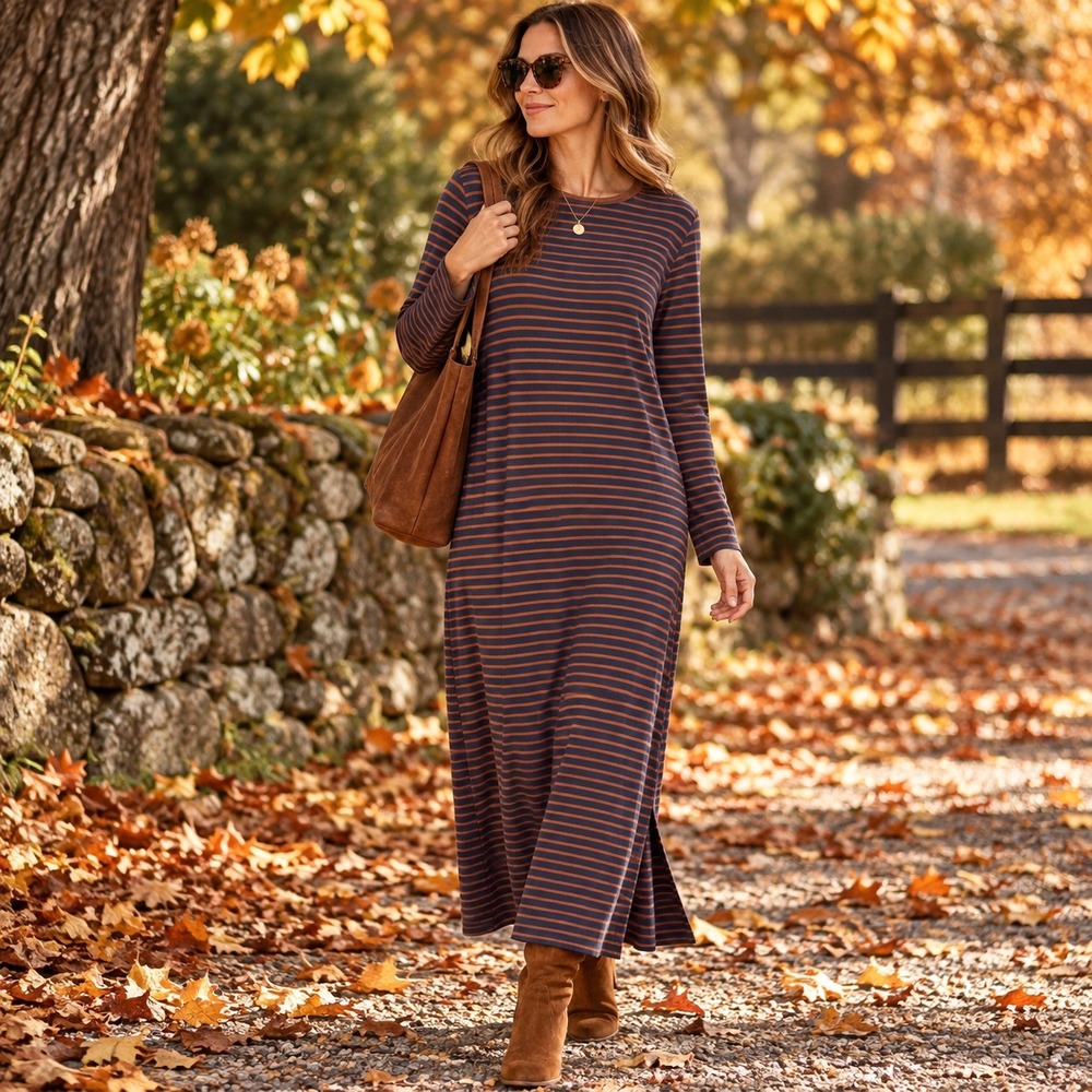 Lucky Brand Womens Navy Rust Striped Long Sleeve Maxi T-Shirt Dress XL Cozy Boho